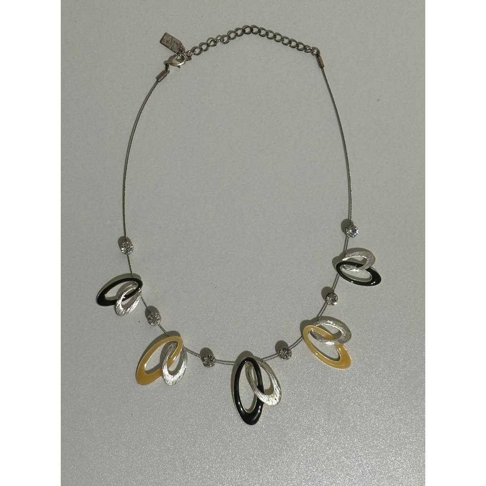 Armand Thiery‎ Necklace Silver Tone Black Yellow Open Circle Pendant Rhinestone